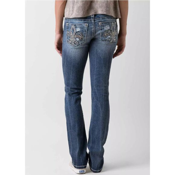 Miss Me Signature Straight Jeans Embellished Low Rise Stretch Rhinestone Sz 28 - Picture 1 of 12